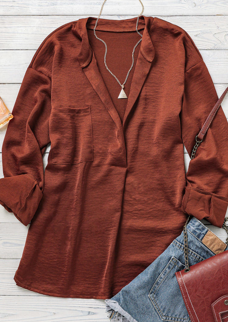 

Blouses Pocket Long Sleeve Deep V-Neck Blouse in Brick Red. Size: ,M,L,XL