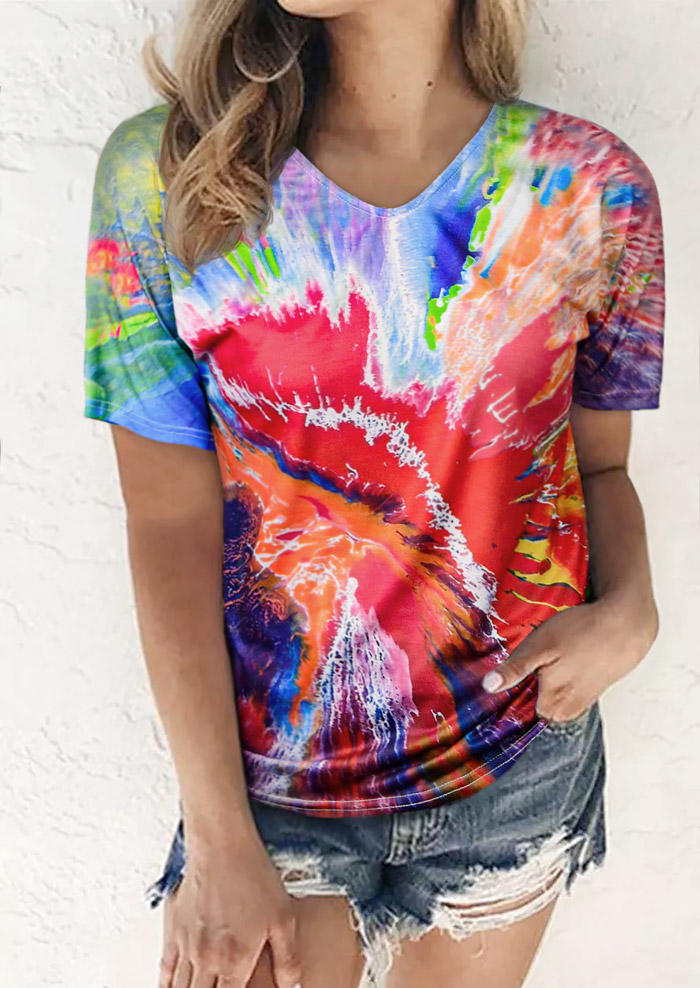 

Blouses Colorful Abstract Painting Tie Dye V-Neck Blouse in Multicolor. Size: ,M,L,XL