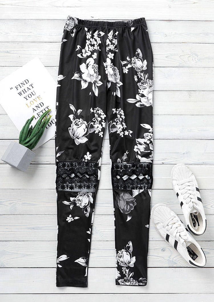 Leggings Floral Lace Hollow Out Skinny Leggings in Black. Size: S,M,L,XL