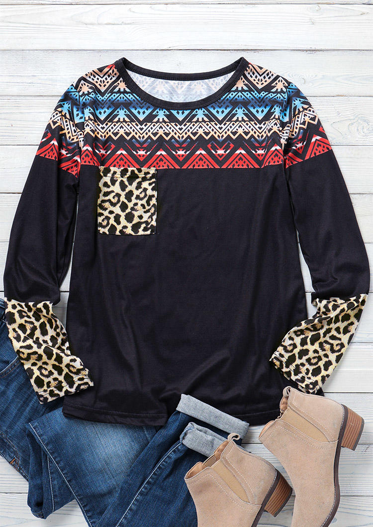 

Blouses Leopard Splicing Pocket Casual Blouse in Black. Size: ,M,L