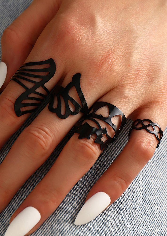 Rings 5Pcs Hollow Out Heart Star Open Adjustable Ring Set in Black. Size