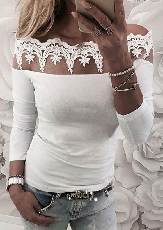

Blouses Lace Off Shoulder Long Sleeve Blouse in White. Size