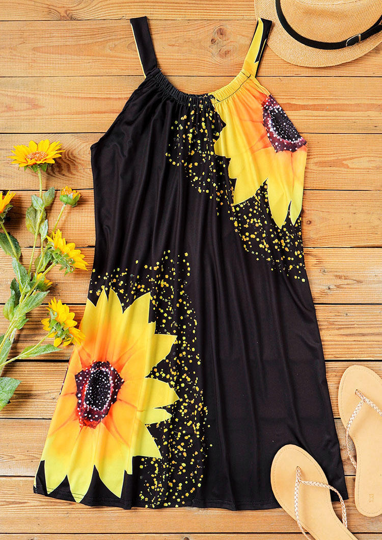 Sunflower Sleeveless Spaghetti Strap Mini Dress - Black