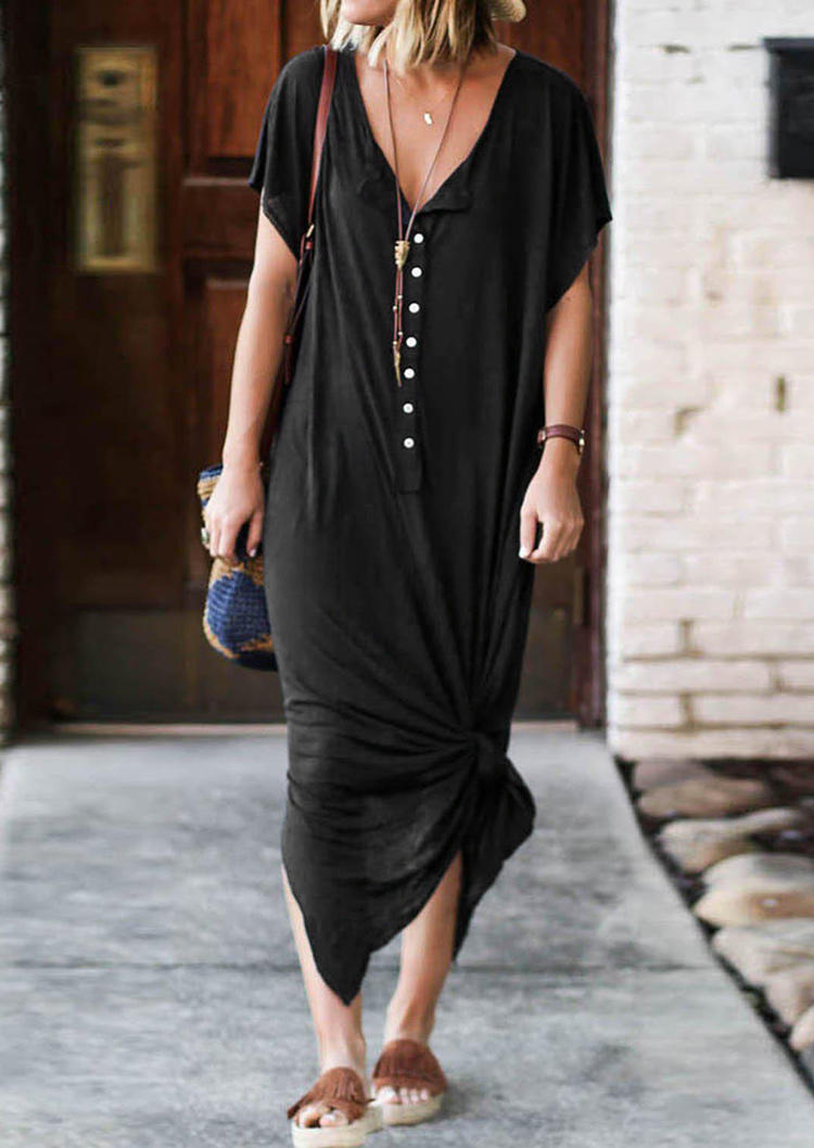 

Maxi Dresses Button Slit Pocket Short Sleeve Maxi Dress in Black. Size