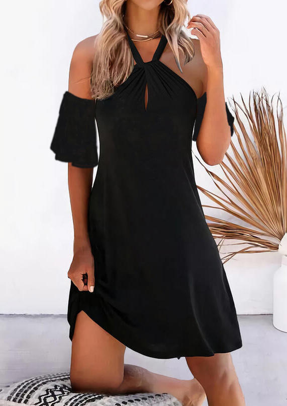 

Mini Dresses Halter Hollow Out Ruffled Mini Dress in Black. Size