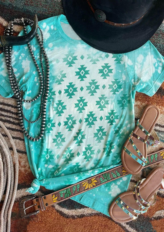 

T-shirts Tees Aztec Geometric Tie Dye O-Neck T-Shirt Tee in Light Blue. Size