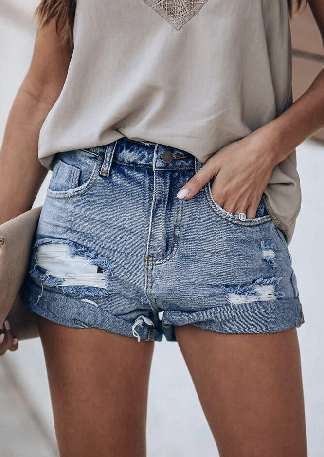 

Shorts Pocket Button Ripped Hole Denim Shorts in Blue. Size