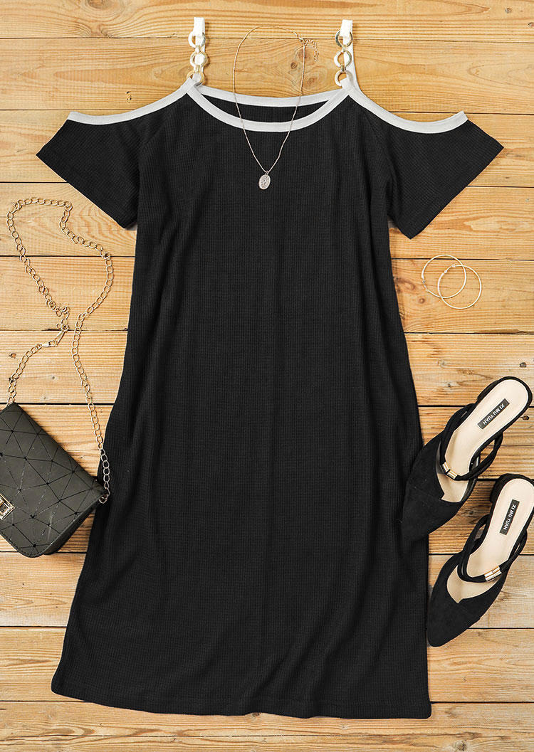 Mini Dresses Waffle Chain Strap Cold Shoulder Mini Dress in Black. Size: L,M,S