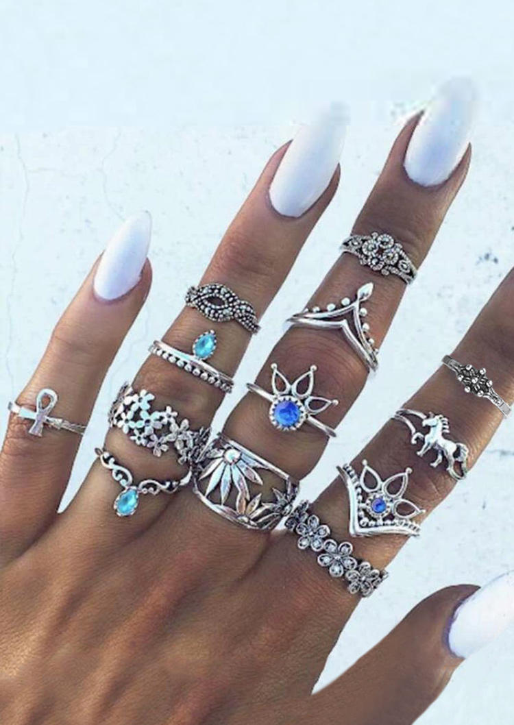 

Rings 13Pcs Rhinestone Unicorn Floral Hollow Out Ring Set in Silver. Size