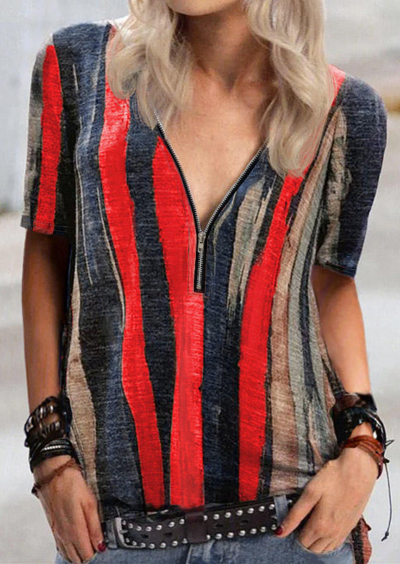 

Blouses Tie Dye Striped Zipper Collar Blouse in Red. Size