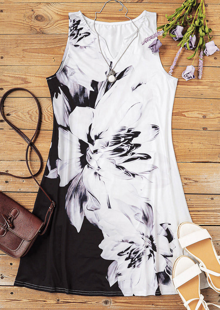 

Mini Dresses Floral Notched Neck Sleeveless Mini Dress in White. Size