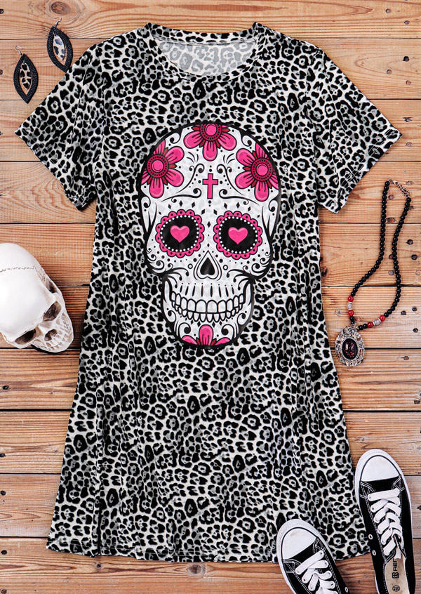 

Mini Dresses Floral Heart Skull Leopard Short Sleeve Mini Dress in Leopard. Size