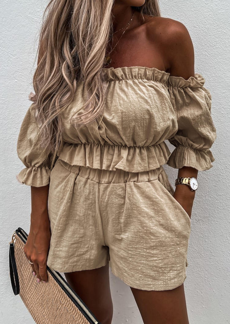

Two-Piece Sets Ruffled Off Shoulder Blouse And Pocket Shorts Two-Piece Set in Khaki. Size