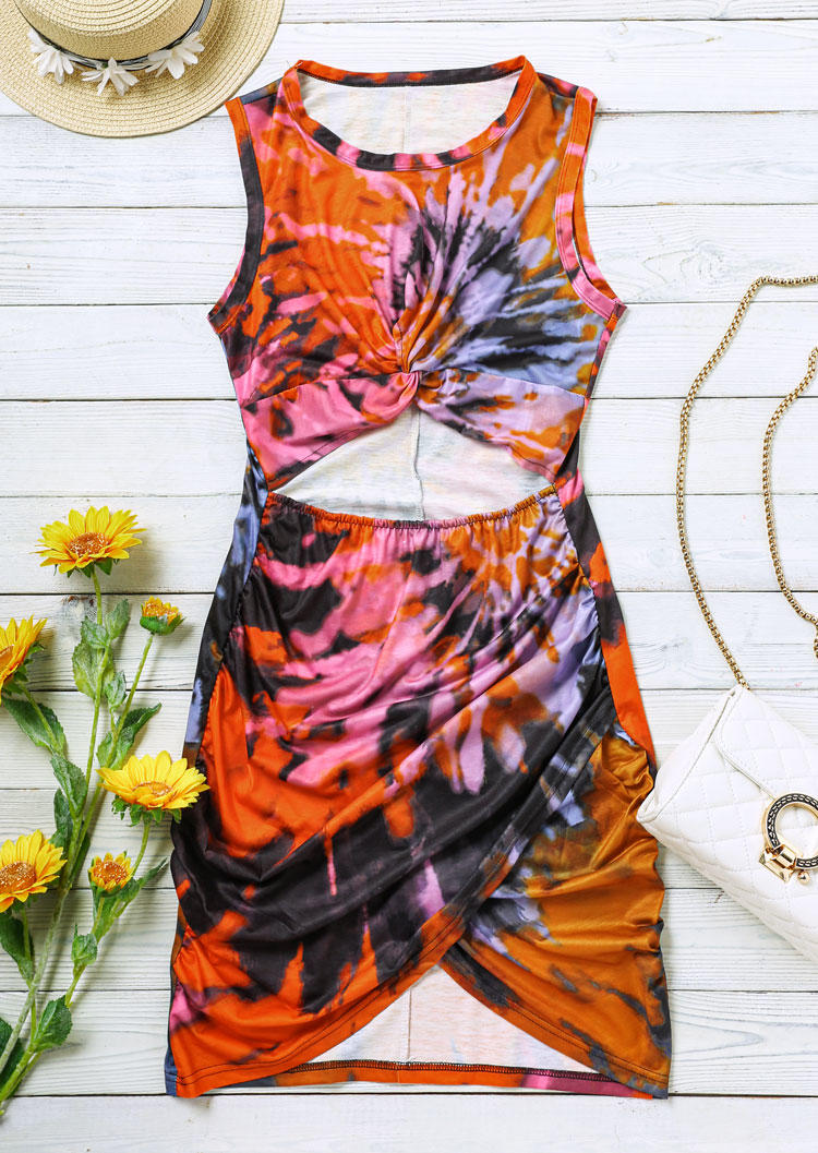 Bodycon Dresses Tie Dye Hollow Out Twist Elastic Waist Bodycon Dress in Multicolor. Size: M,L,XL