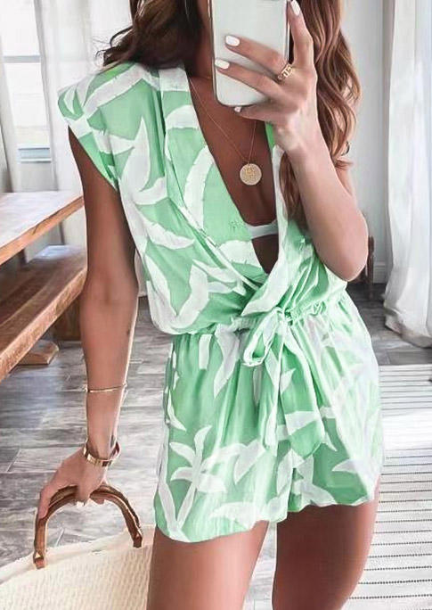 

Jumpsuits & Rompers Leaf Drawstring V-Neck Sleeveless Romper in Green. Size