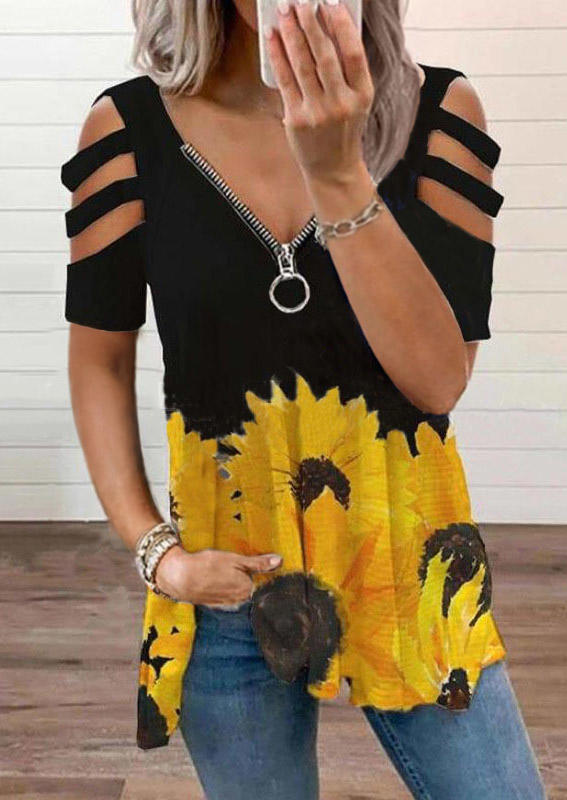 

Blouses Sunflower Zipper Collar Cold Shoulder Blouse in Black. Size