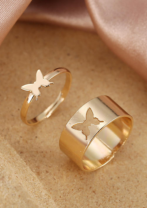 

Rings 2Pcs Hollow Out Butterfly Open Adjustable Alloy Ring Set in Gold,Silver. Size