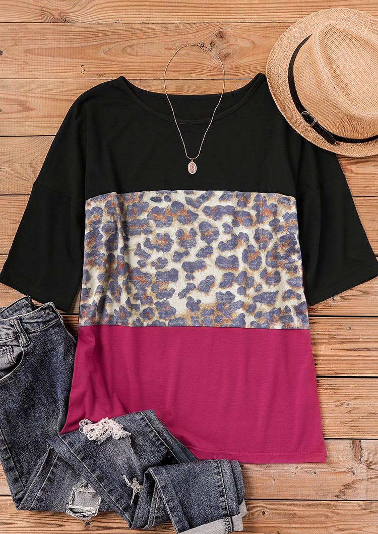 

Blouses Leopard Color Block Casual Blouse in Multicolor. Size