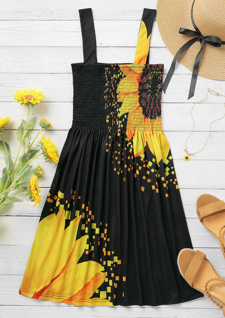 Sunflower Smocked Spaghetti Strap Mini Dress - Black