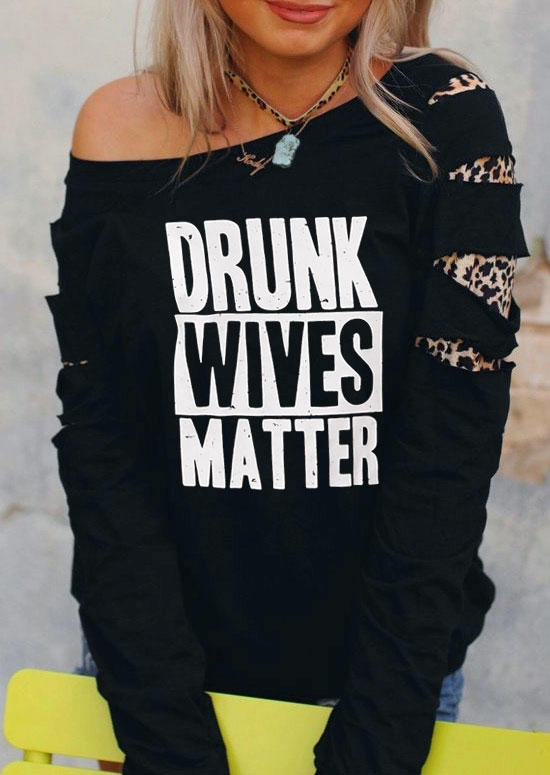 Sweatshirts Drunk Wives Matter Leopard Hollow Out Sweatshirt in Black. Size: S,M
