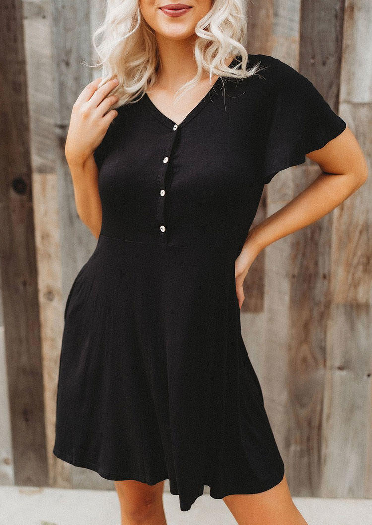 Button Pocket V-Neck Mini Dress - Black