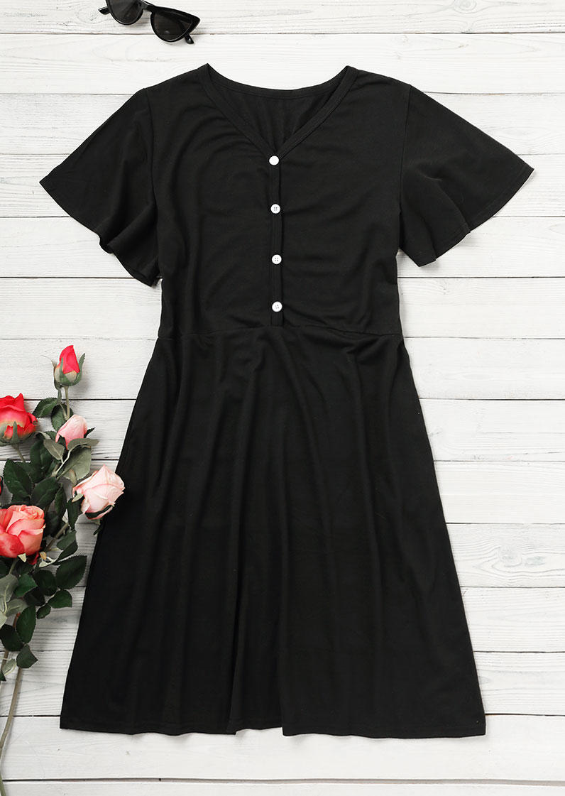 Button Pocket V-Neck Mini Dress - Black