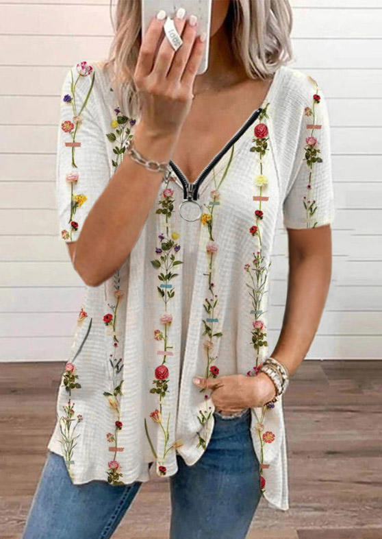 

Blouses Floral Zipper Collar Casual Blouse in Beige. Size: ,M,L,XL