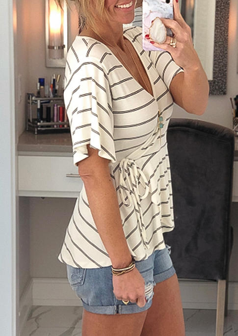 

Blouses Striped Wrap Tie V-Neck Blouse in White. Size