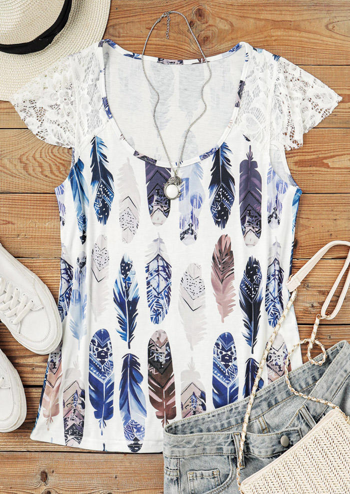 Blouses Feather Lace Splicing O-Neck Blouse in White. Size: L