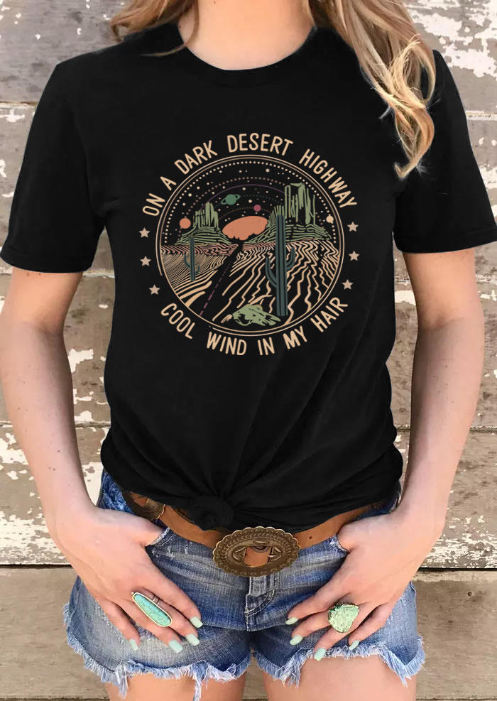 

T-shirts Tees Dark Desert Highway Cactus Camping T-Shirt Tee in Black. Size