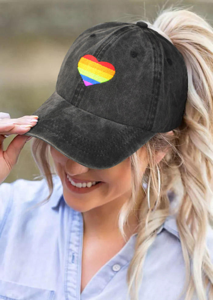 

Hats Rainbow Striped Heart Distressed Hollow Out Baseball Cap in Black. Size