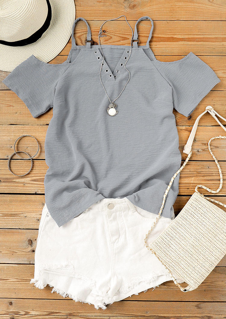 

Blouses Cold Shoulder Spaghetti Strap V-Neck Blouse in Gray. Size