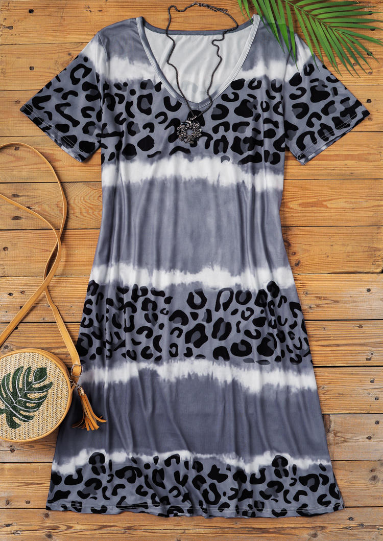 Mini Dresses Leopard Color Block V-Neck Mini Dress in Gray. Size: 2XL,3XL,M,S,XL