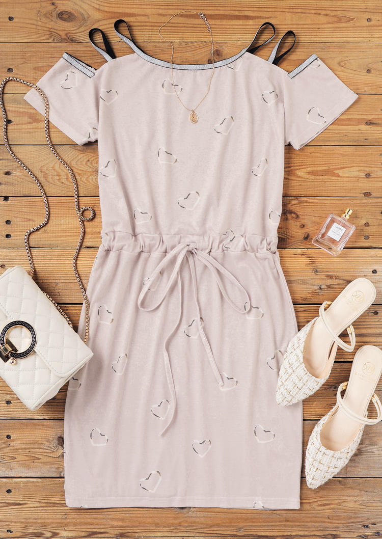 Mini Dresses Love Heart Drawstring Cold Shoulder Mini Dress - Light Khaki in Khaki. Size: L,M,S,XL