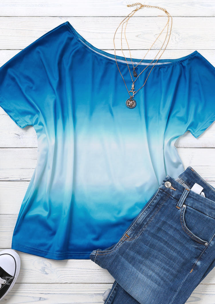 

Blouses Gradient Slash Neck Short Sleeve Blouse in Blue. Size: ,L