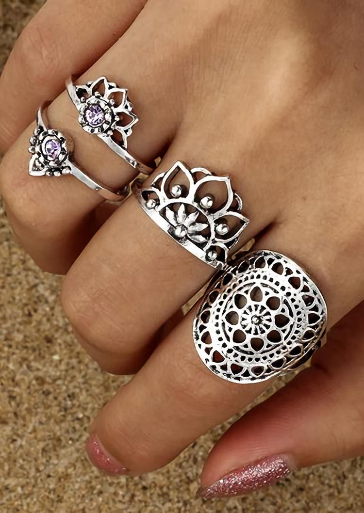 

Rings 4Pcs Mandala Lotus Crystal Hollow Out Ring Set in Silver. Size