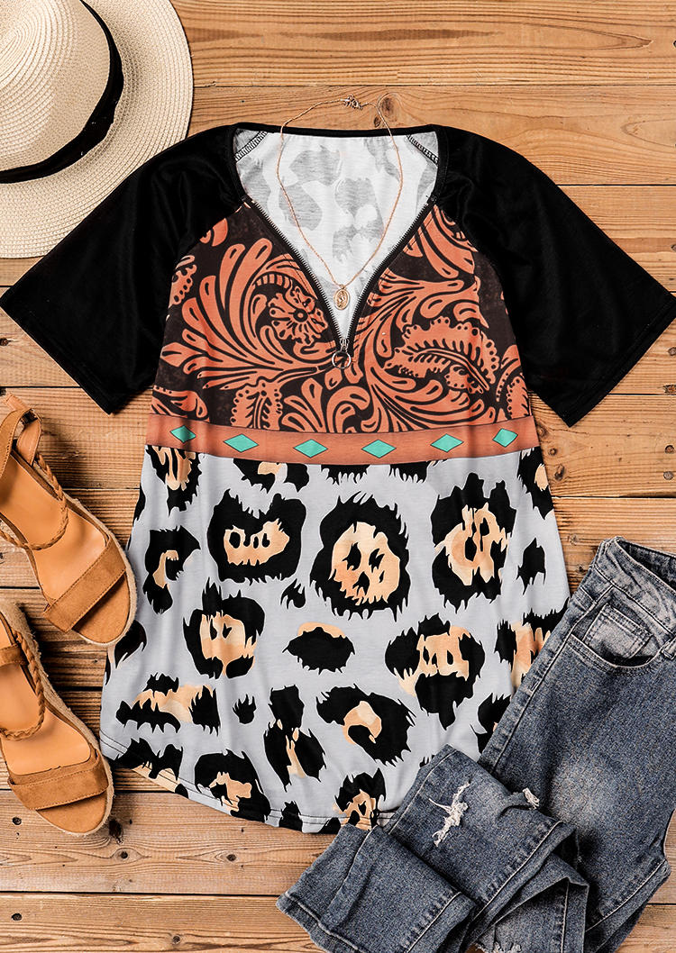 

Blouses Floral Tooled Buckstitch Leopard Zipper Collar Blouse in Multicolor. Size