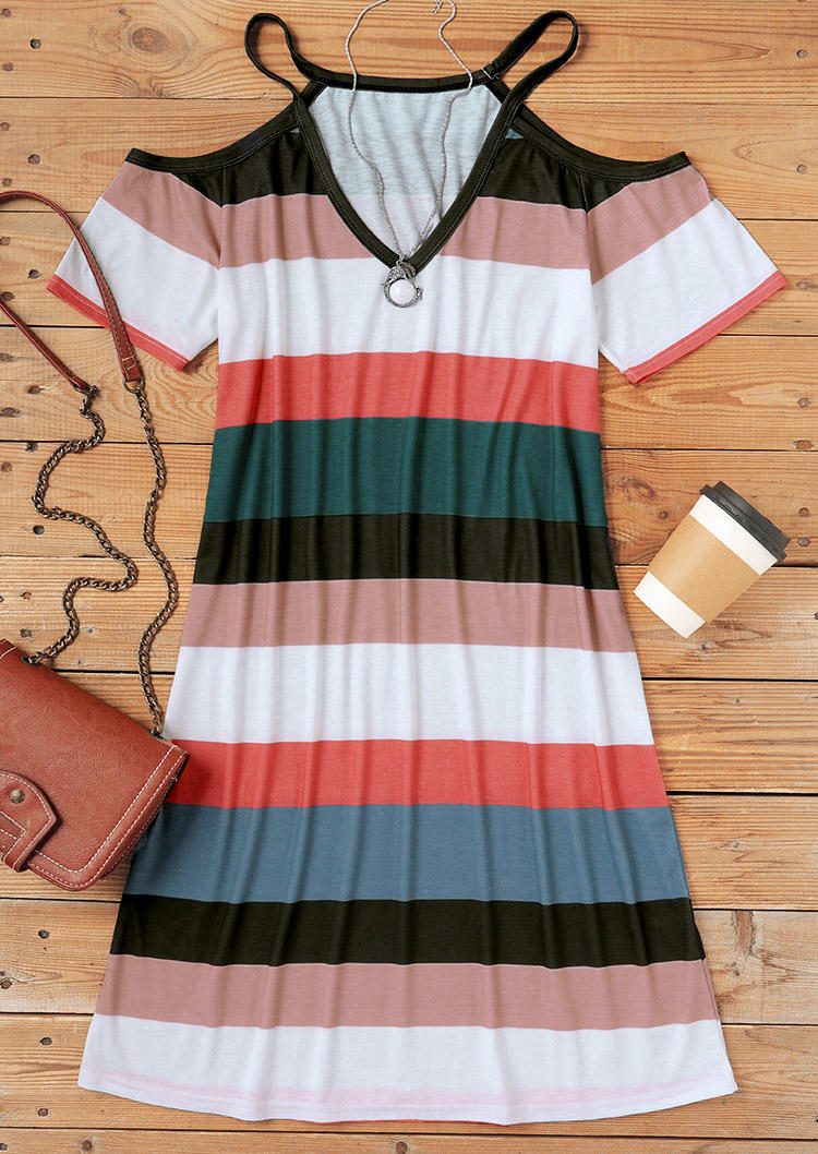 

Mini Dresses Striped Cold Shoulder V-Neck Mini Dress in Multicolor. Size