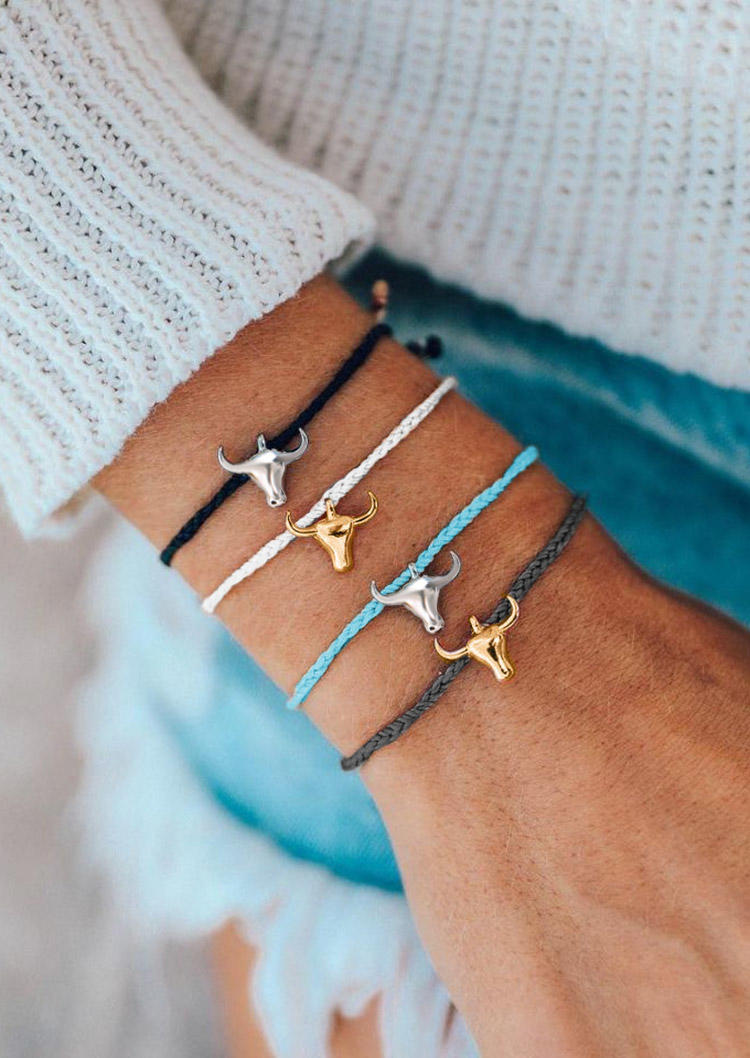 

Bracelet 4Pcs Western Steer Skull Braided Bracelet Anklet Set in Multicolor. Size