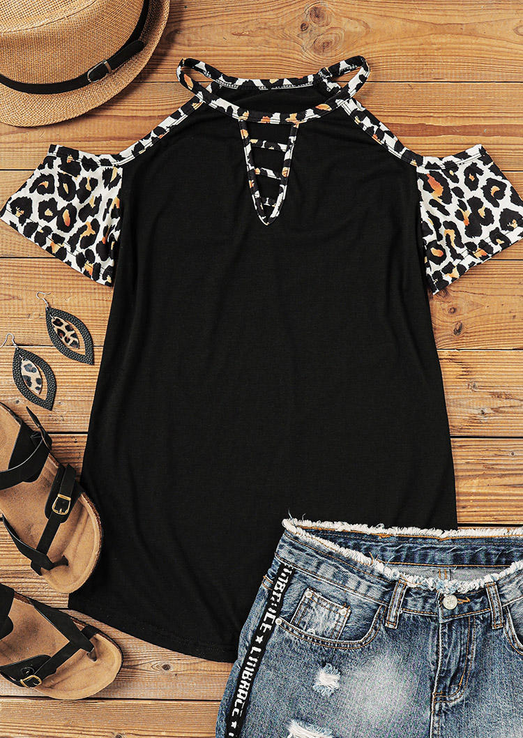 

Blouses Leopard Keyhole Neck Cold Shoulder Blouse in Black. Size
