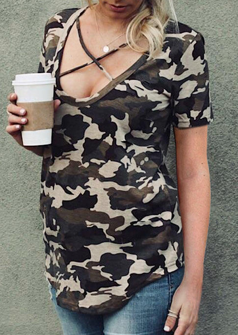 Camouflage Criss-Cross Short Sleeve Blouse