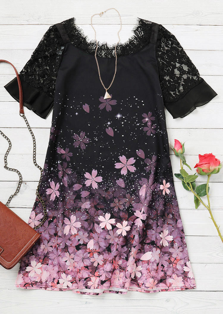

Mini Dresses Lace Splicing Gradient Floral V-Neck Mini Dress in Black. Size