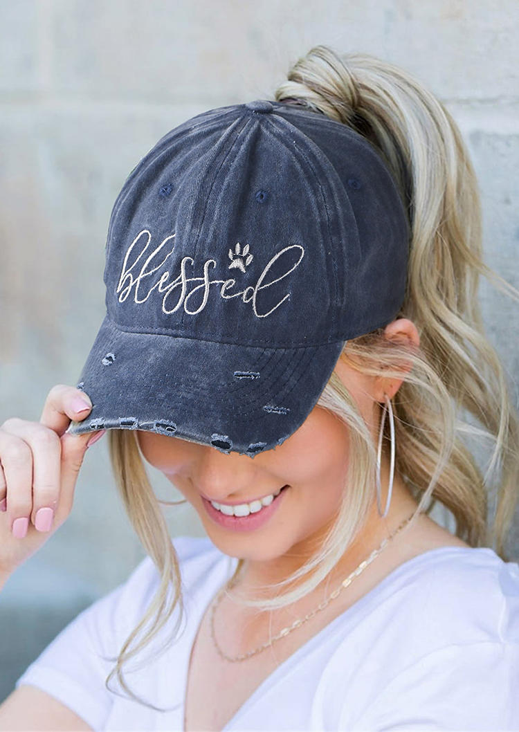 

Hats Blessed Dog Paw Hollow Out Washed Distressed Baseball Cap in Black,Navy Blue. Size