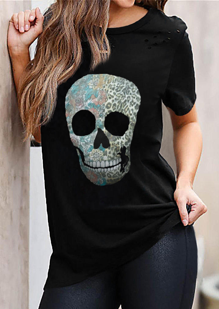 

T-shirts Tees Leopard Skull Hole T-Shirt Tee in Black. Size