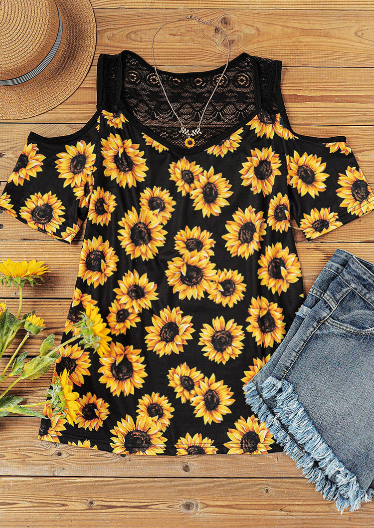 

Blouses Sunflower Lace Splicing Cold Shoulder Blouse in Black. Size