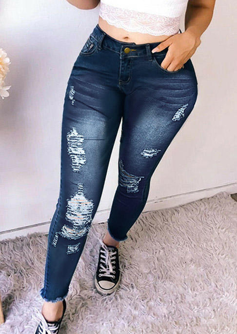 

Pants Pocket Ripped Hole Frayed Hem Jeans Pants in Deep Blue. Size: ,M,L,XL