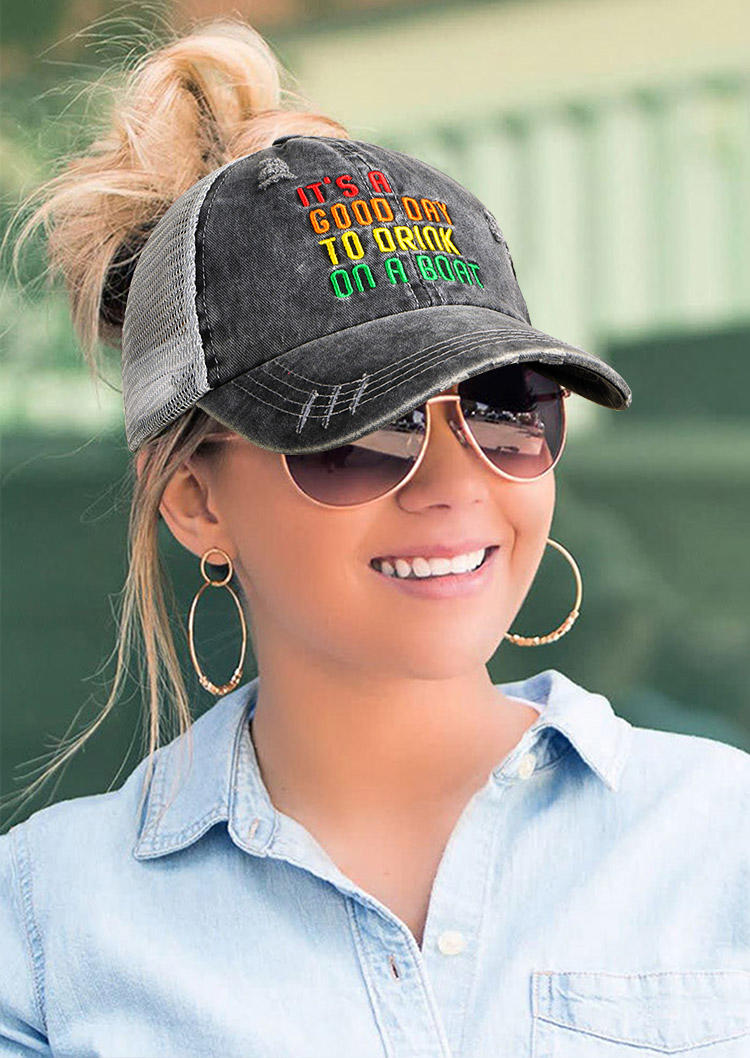Hats It's A Good Day To Drink On A Boat Ponytail Baseball Cap in Dark Grey. Size: One Size