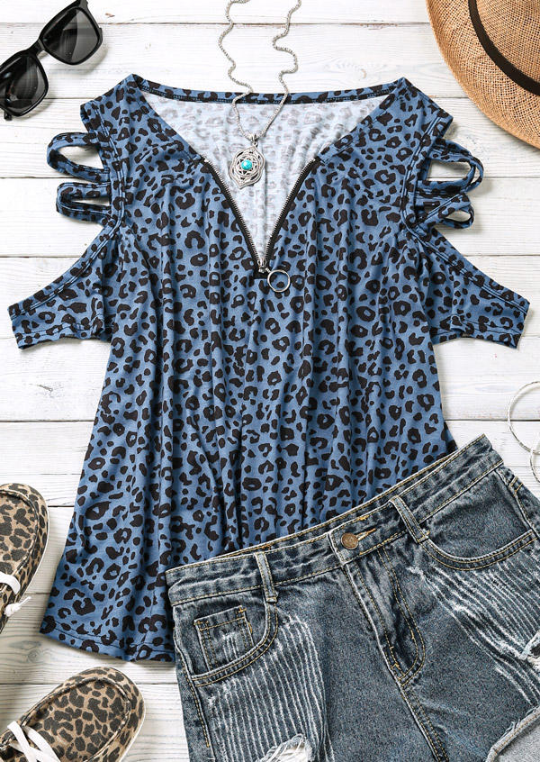 

Blouses Leopard Zipper Collar Criss-Cross Hollow Out Blouse in Leopard. Size