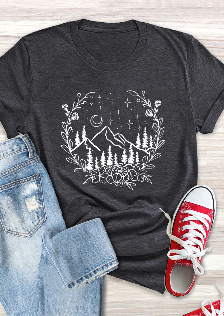 

T-shirts Tees Mountain Hiking Floral Moon T-Shirt Tee in Dark Grey. Size