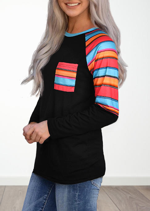 Blouses Colorful Striped Raglan Sleeve Blouse in Black. Size: L,M,S